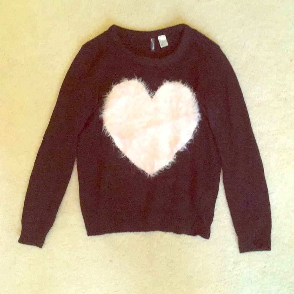 H& M Black sweater with pink fuzzy heart detail